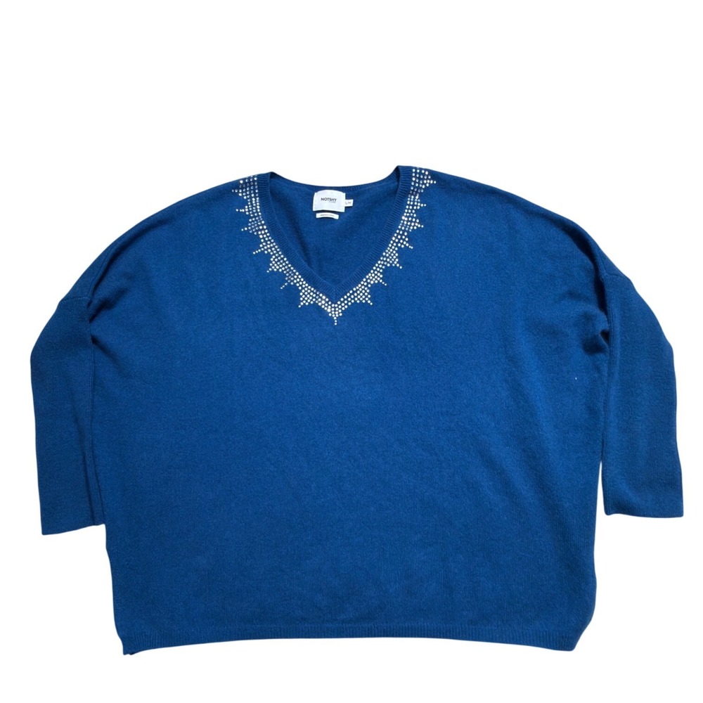 Notshy Cashmere Blue Rhinestone V-Neck Oversized Sweater Womens Size SM